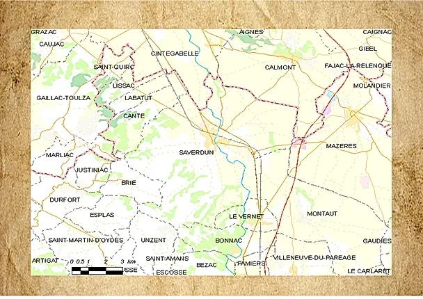 Plan de la ville de saverdun et de son secteur élargi